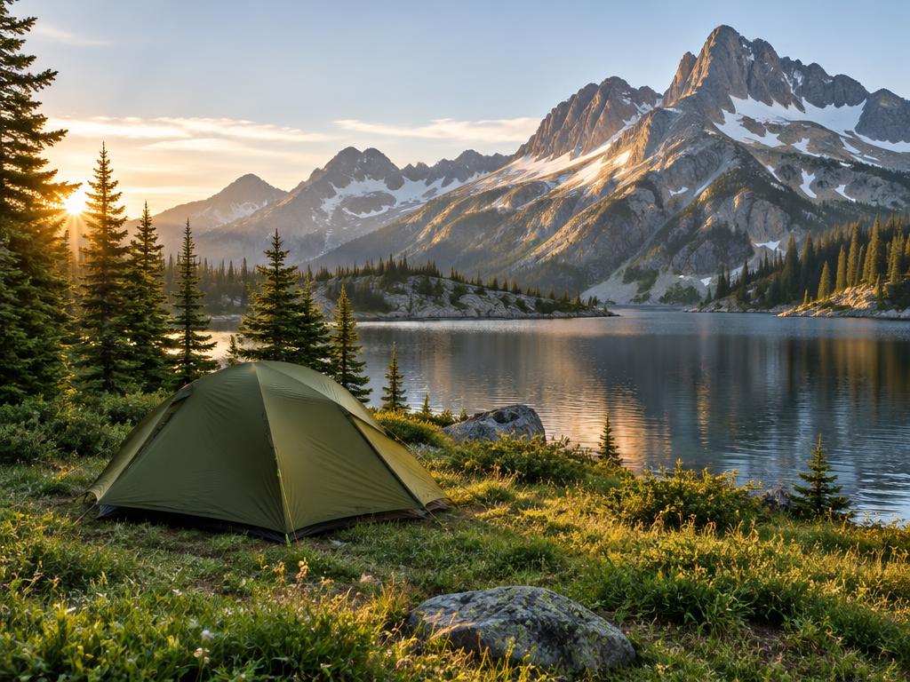 An alpine campsite with a tent beside a mountain lake